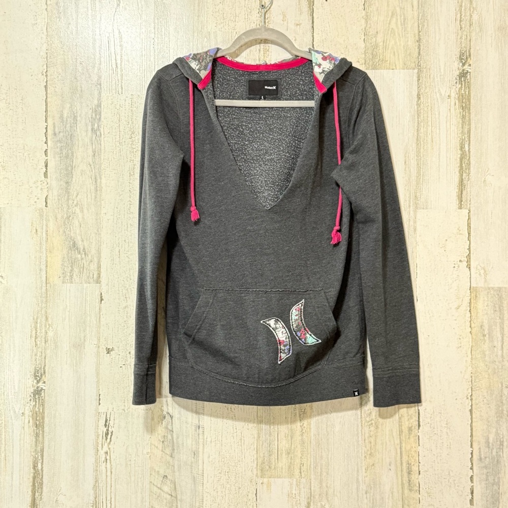 Hurley Gray V Neck Hoodie with Pink Trim